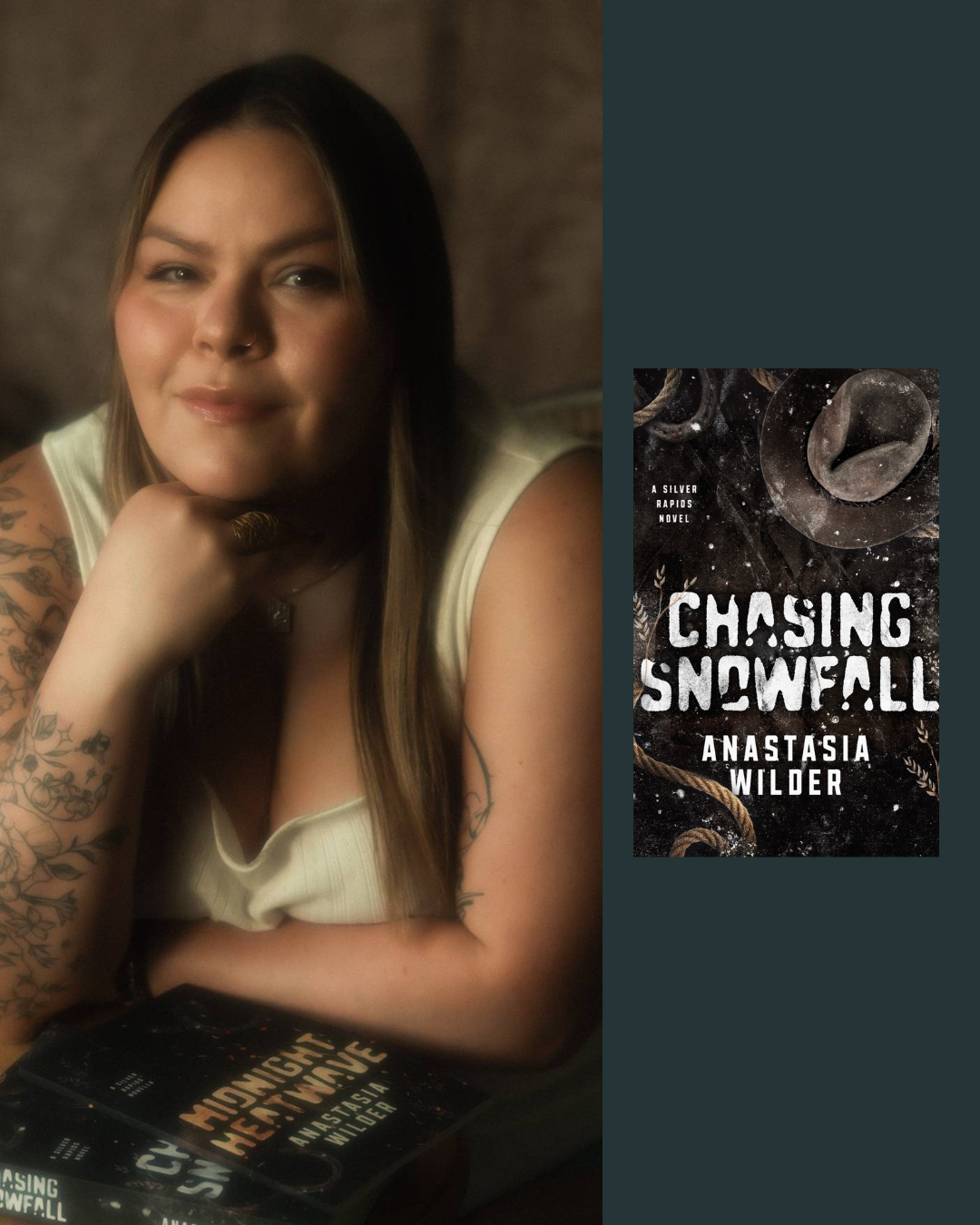 A woman with tattoos resting her chin on her hand, sitting at a table with a book titled 'Chasing Snowfall' by Anastasia Wilder, in a cozy indoor setting.