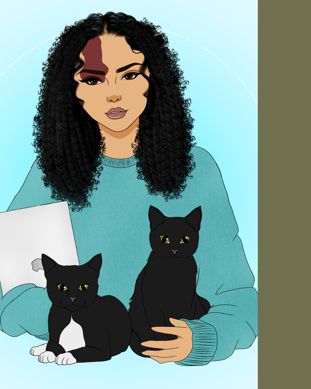 Digital illustration of a woman with curly black hair, wearing a blue sweatshirt, holding two black cats with green eyes, against a light blue background.