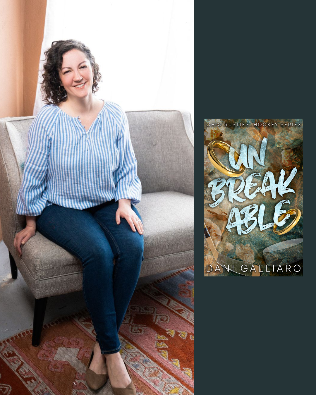 A woman with curly dark hair wearing a blue and white striped blouse and dark jeans sitting on a beige sofa indoors, next to the cover of a book titled "Un Breakable" by Dani Galliaro.