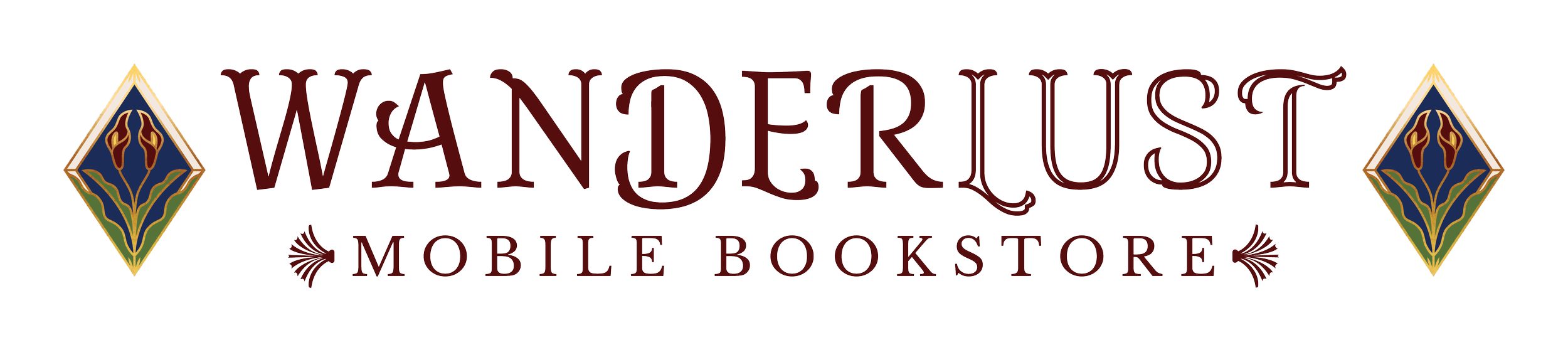 Logo for Wanderlust Mobile Bookstore with decorative diamond shapes on either side of the name.