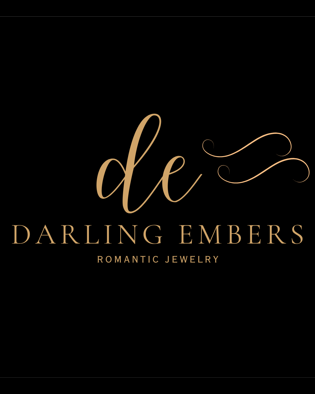 Logo for 'de Darling Embers,' a romantic jewelry brand, with elegant gold script and decorative swirls on a black background.