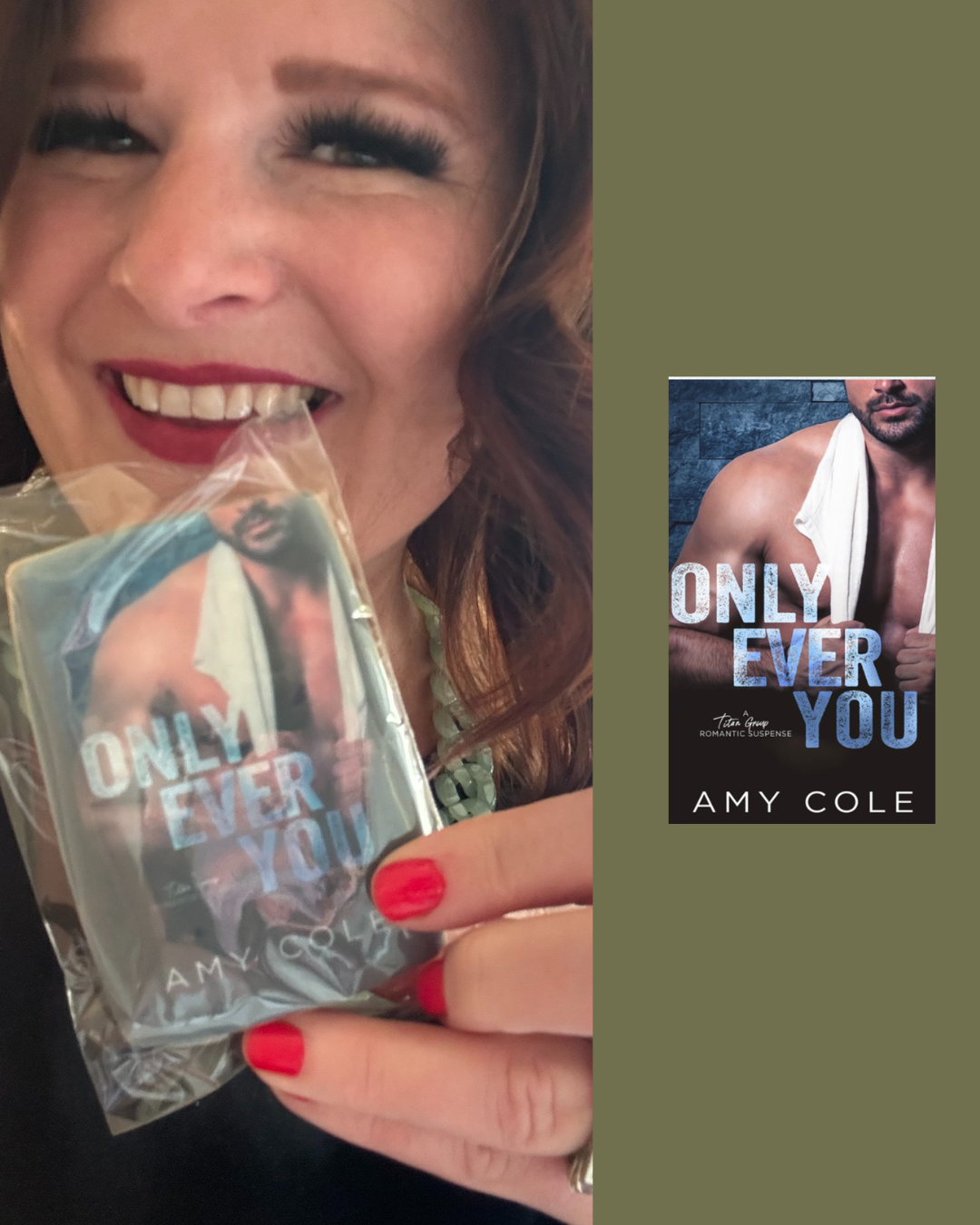 A woman with red hair, red lipstick, and long eyelashes holding a wrapped copy of a book titled 'Only Ever You' by Amy Cole, smiling at the camera.