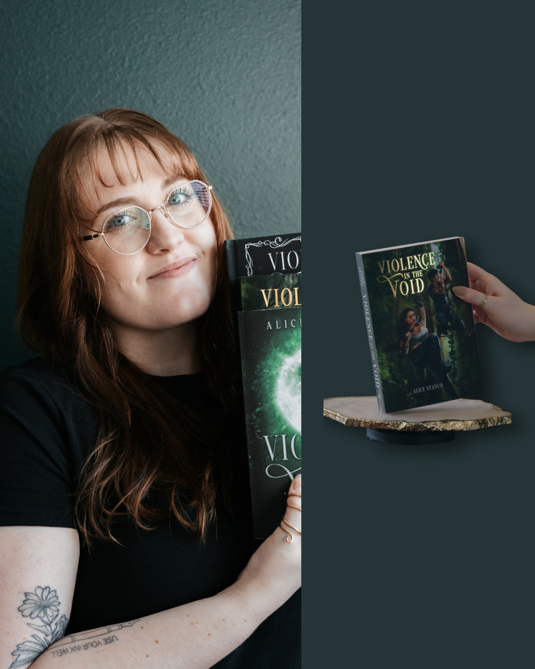 A young woman with glasses and long wavy hair holding a book titled 'Violence in the Void' by Alice Stanco, with tattoos on her arm, standing against a plain wall.