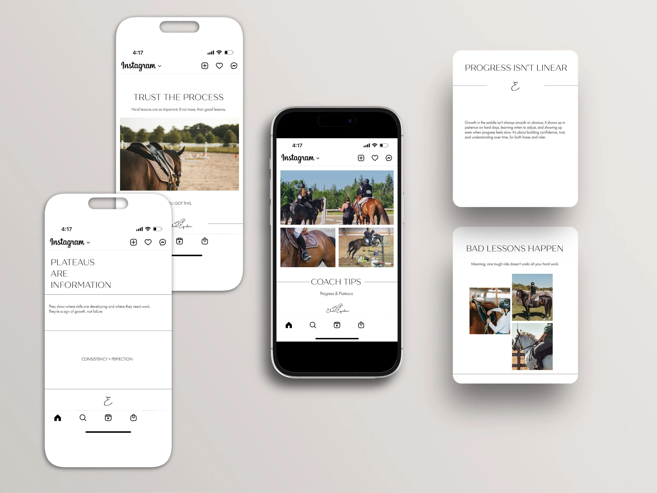 Multiple phones displaying Instagram posts about horse riding, coaching tips, progress and plateaus, and lessons with images of horses and riders.