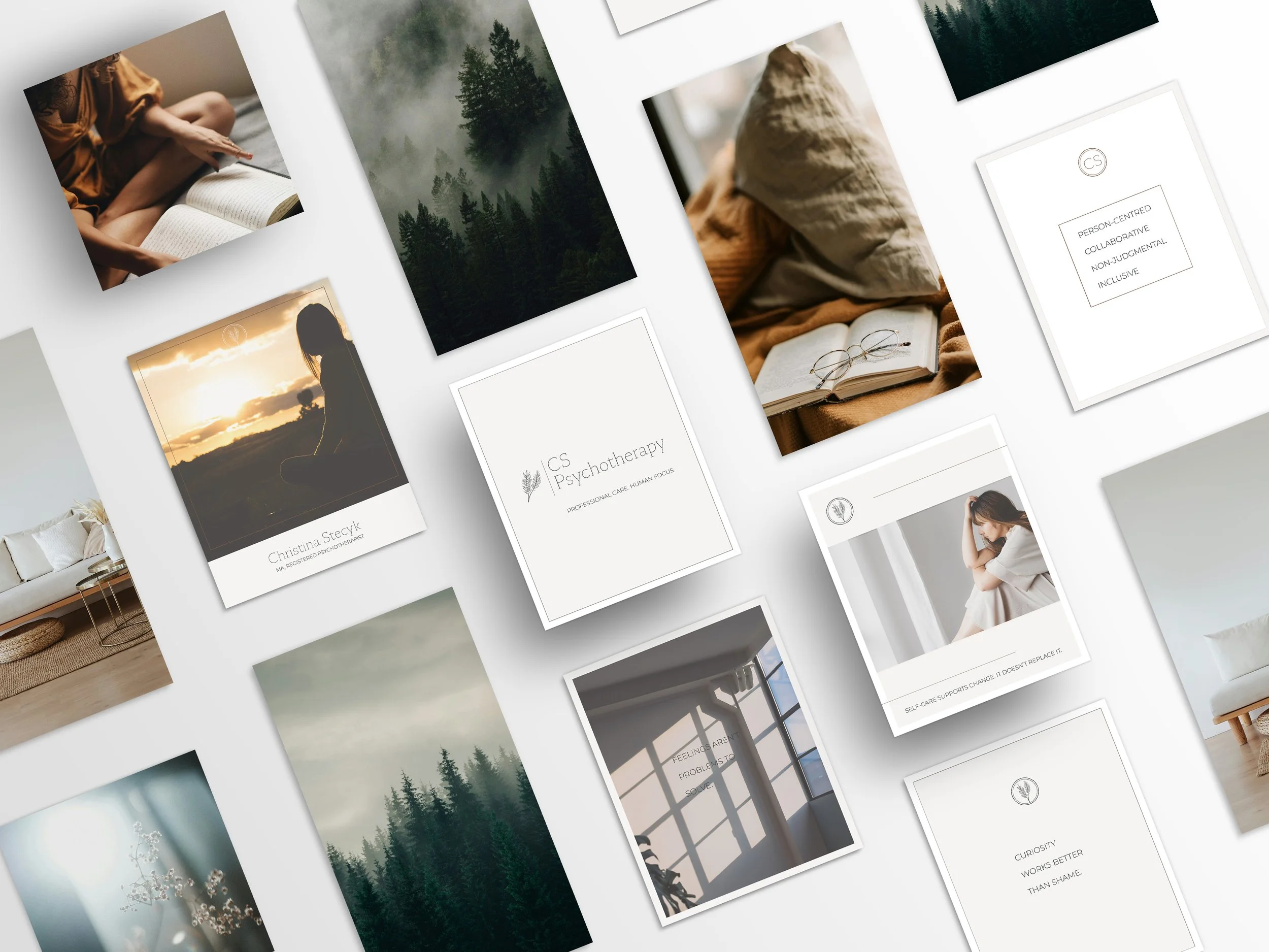 A collection of mood board images and mental health awareness cards, including nature scenes, people in contemplative poses, and minimalistic text layouts.