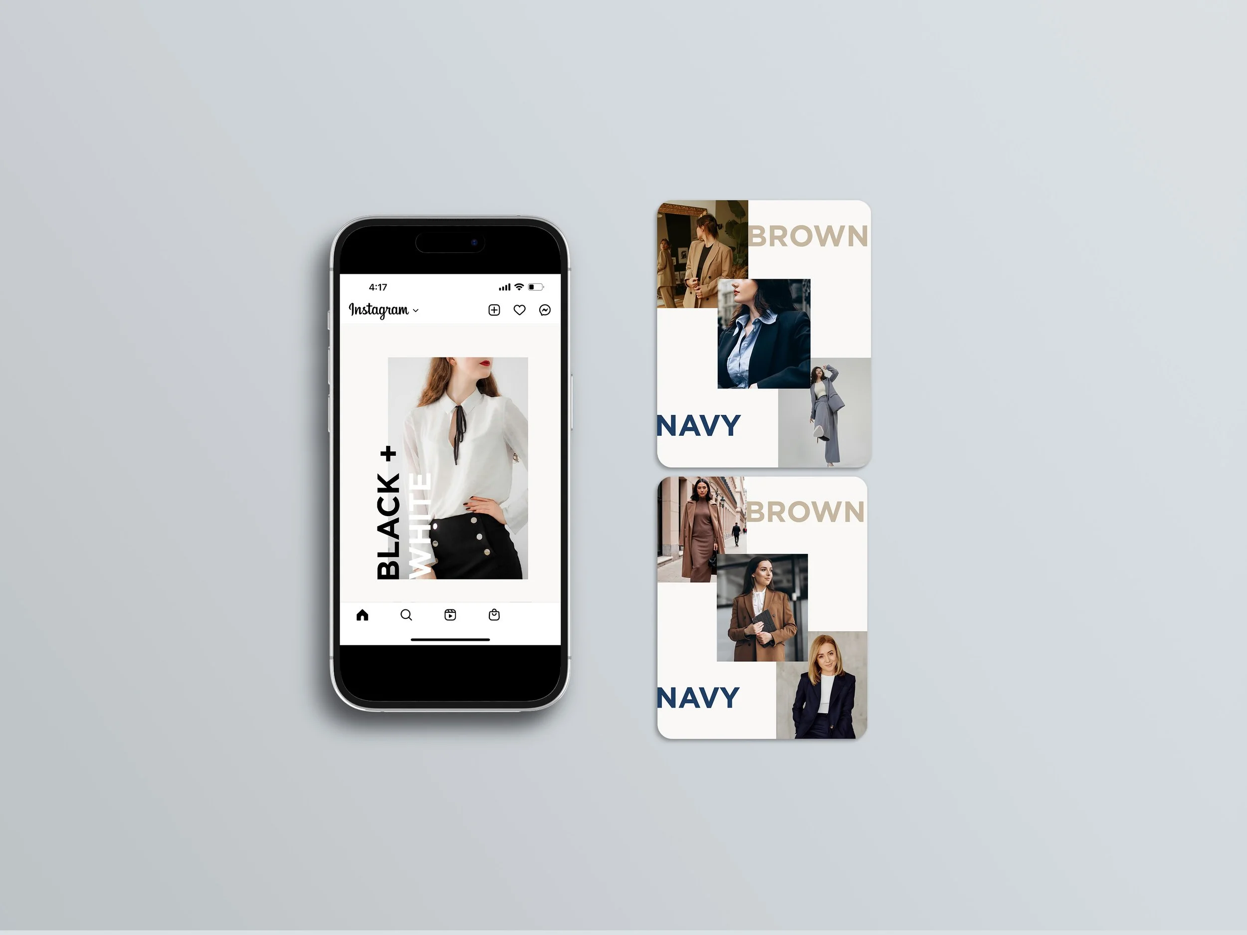 A smartphone displaying an Instagram feed with a woman in a white blouse and black skirt. Next to the phone are two style cards, one labeled "BROWN" and "NAVY" with photos of women in suits and coats in various settings.