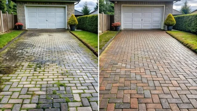 Comparison of a driveway before and after cleaning and sealing, with the left side showing dirt and stains, and the right side clean and restored.