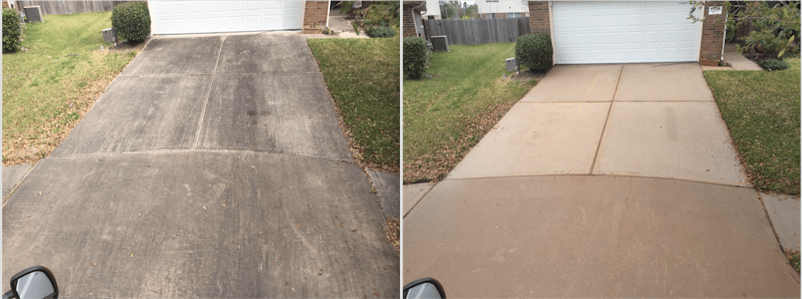 Side-by-side comparison of a residential concrete driveway before and after cleaning. The left side shows a dirty, stained surface, while the right side displays a clean, washed driveway.