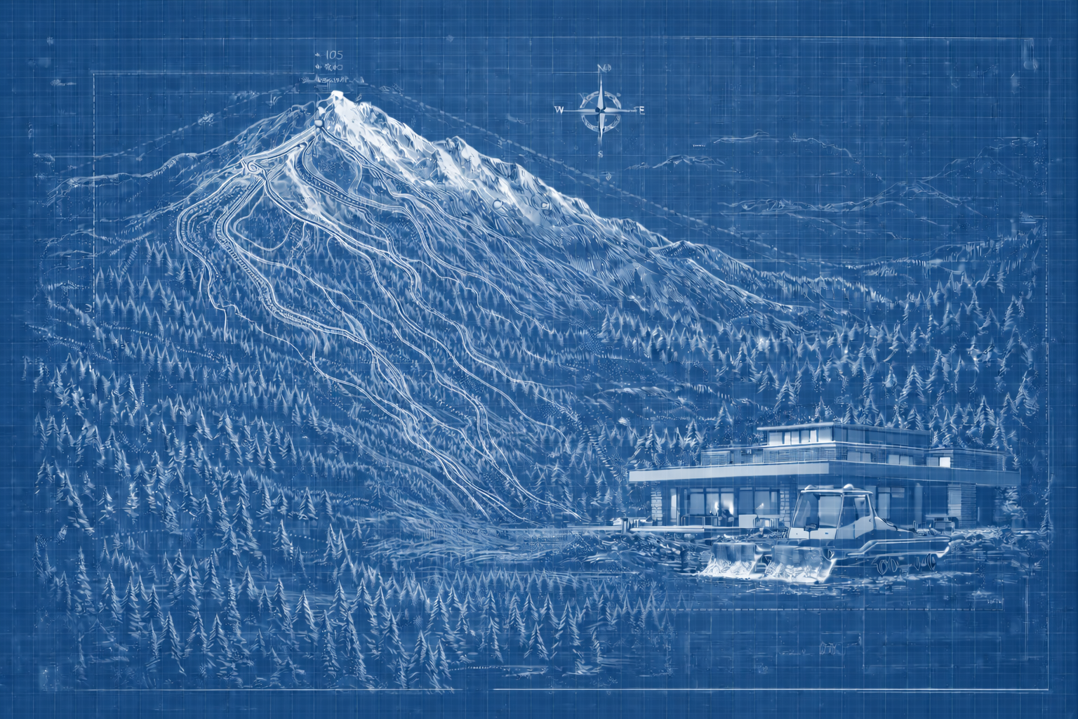 Blueprint of a modern house built at the base of a snow-capped mountain with ski slopes and ski lifts.
