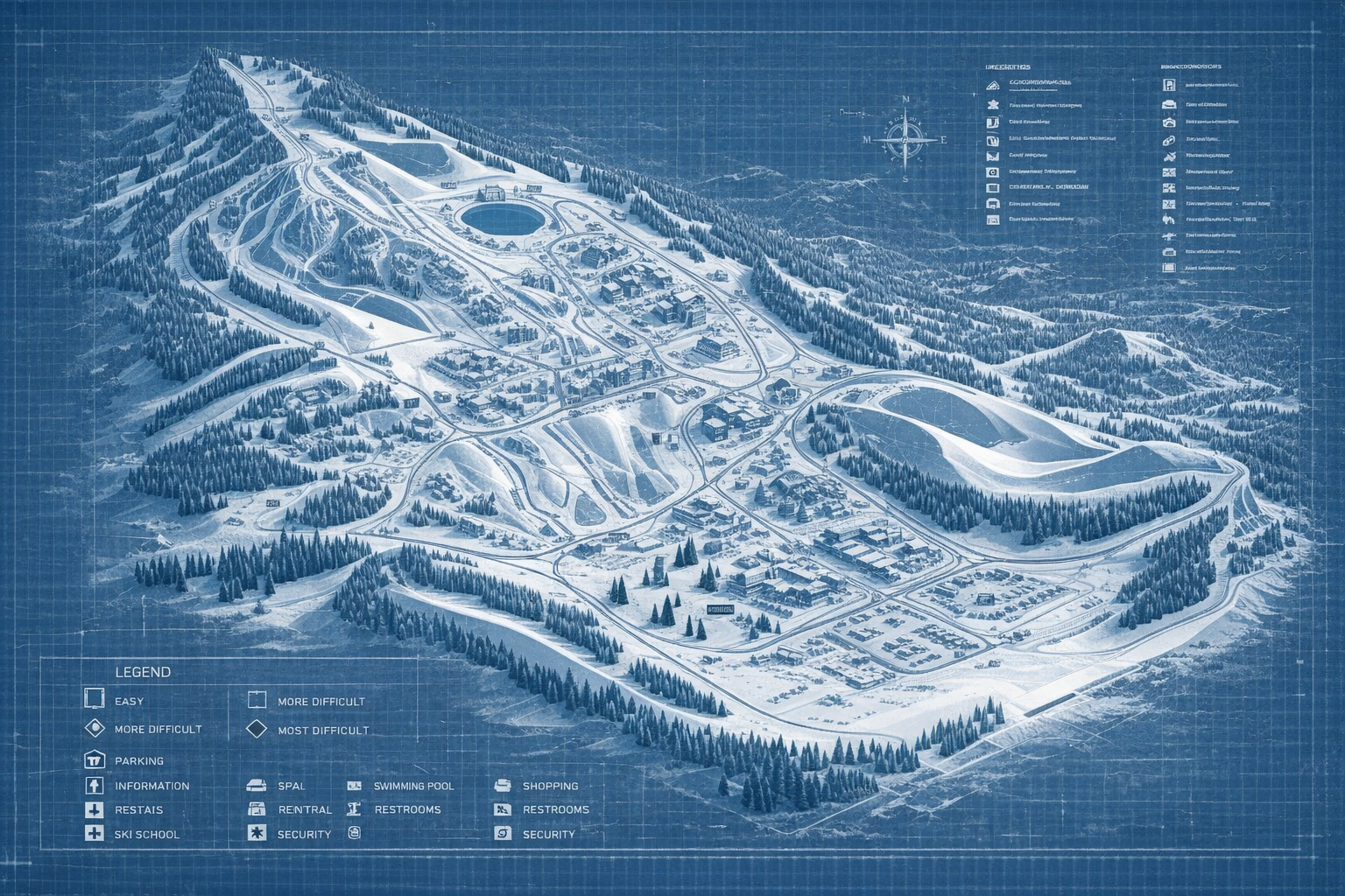 Blueprint-style map of a ski resort showing ski slopes, roads, buildings, and forested areas, with various icons for amenities such as parking, restrooms, ski school, security, swimming pool, shopping, rental, and rest areas.
