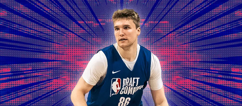 A young male basketball player in a blue and white jersey with the Nike logo and "Draft Combine" written on it, in a dynamic background with pink and blue bursts.