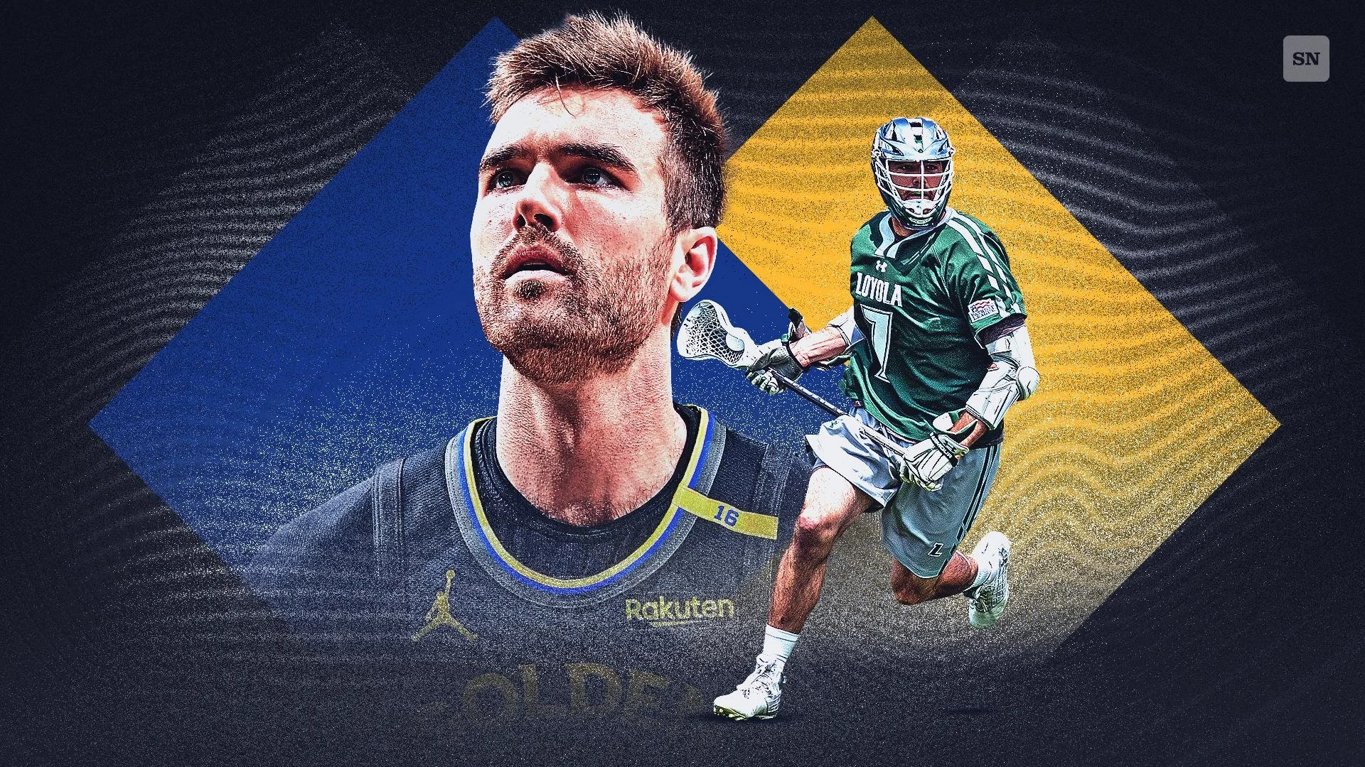 A collage featuring two athletes: a close-up of a male tennis player with a serious expression, wearing a black and yellow sports shirt with logos, and a lacrosse player in a green jersey with the number 7, wearing a helmet, sunglasses, and protectiv