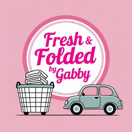 Illustration of a laundry basket filled with folded clothes, a vintage car, and a circular inset with the text 'Fresh & Folded by Gabby' on a pink background.