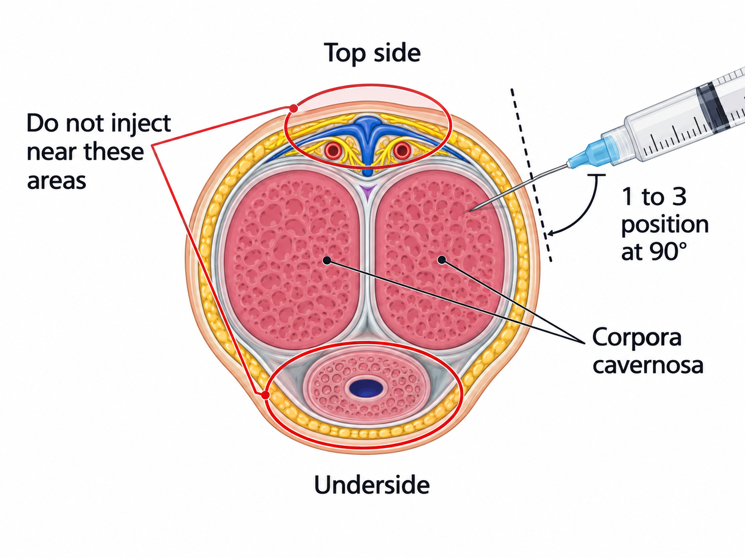 Educational cross-sectional illustration showing intracavernosal injection anatomy for erectile dysfunction treatment