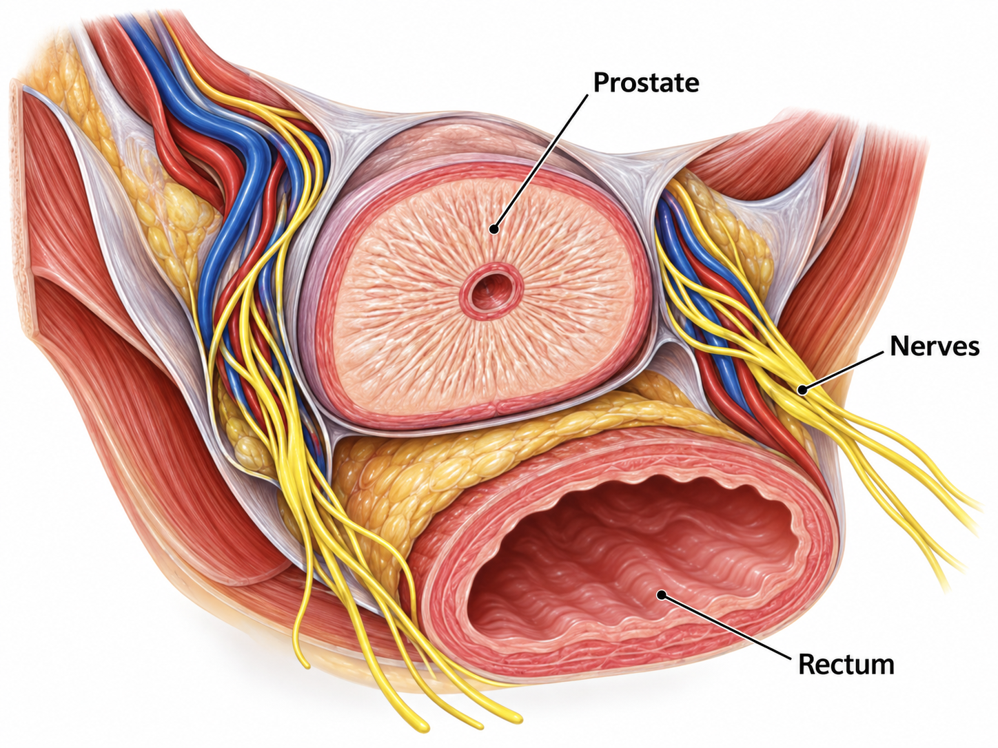 Medical illustration of the prostate and adjacent neurovascular bundles involved in erectile function