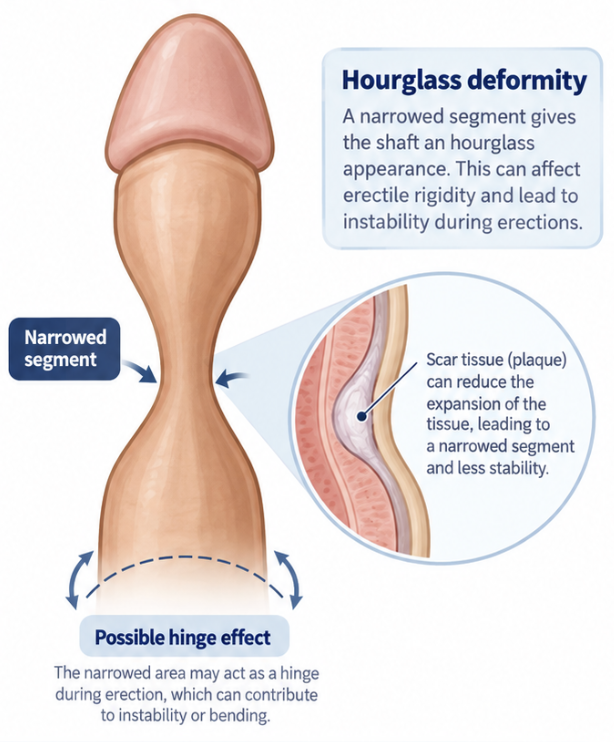 Medical illustration demonstrating Peyronie’s hourglass narrowing and hinge-type deformity