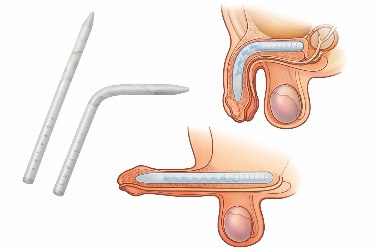 Malleable (semi-rigid) penile implant showing two bendable rods placed inside the corpora cavernosa for erectile dysfunction treatment.