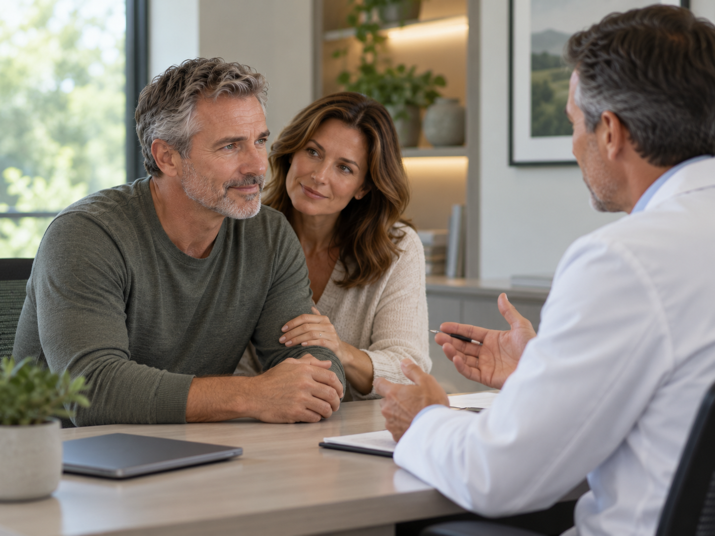 Urology consultation discussing urinary incontinence after prostate cancer radiotherapy