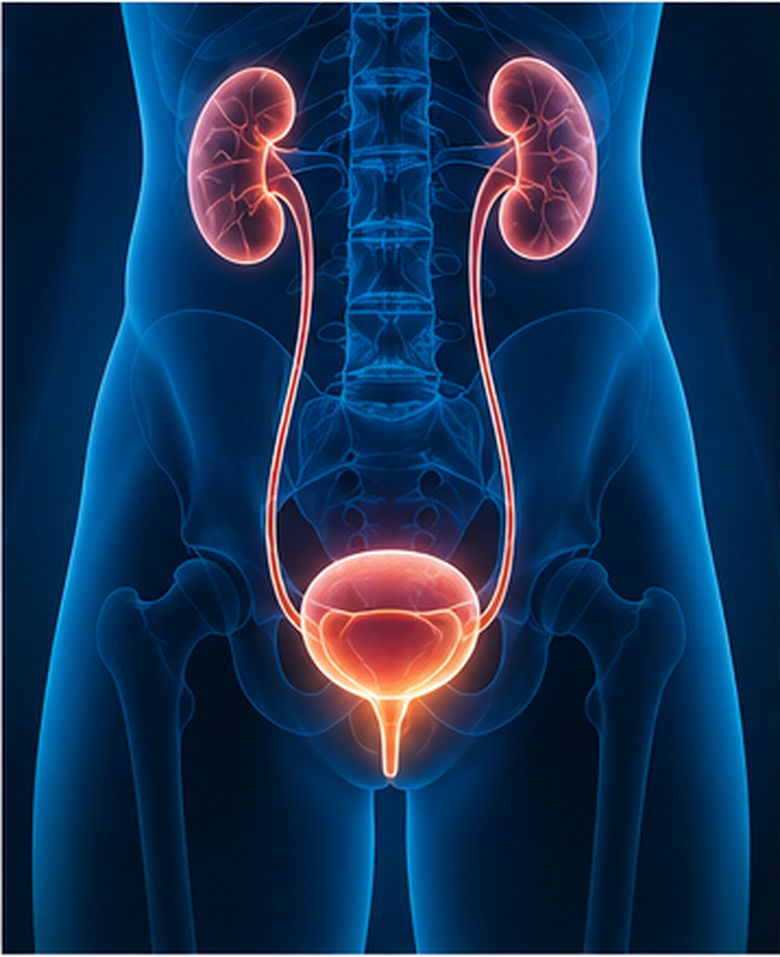 Technical illustration of kidneys ureters and urinary bladder