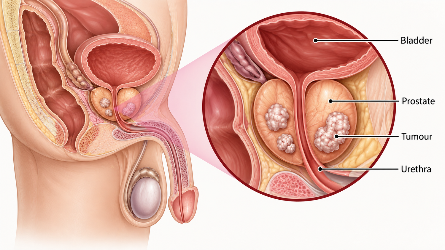 Medical illustration of prostate cancer anatomy including bladder prostate and urethra