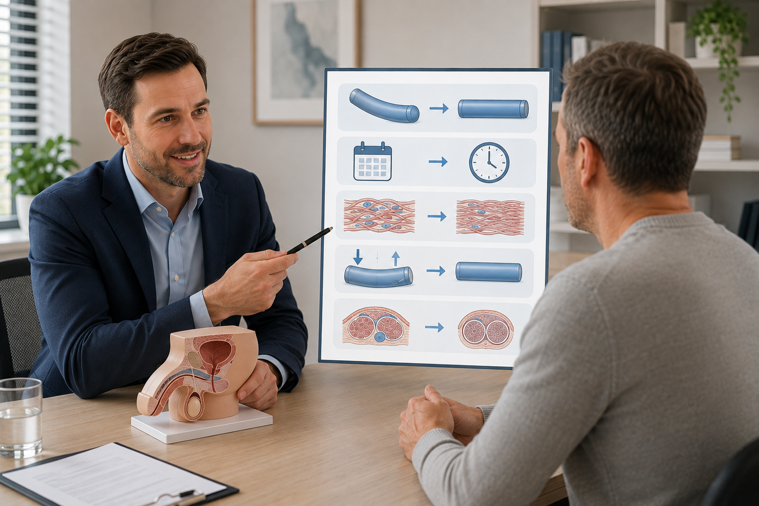 Doctor discussing penile curvature and reconstructive treatment with a patient