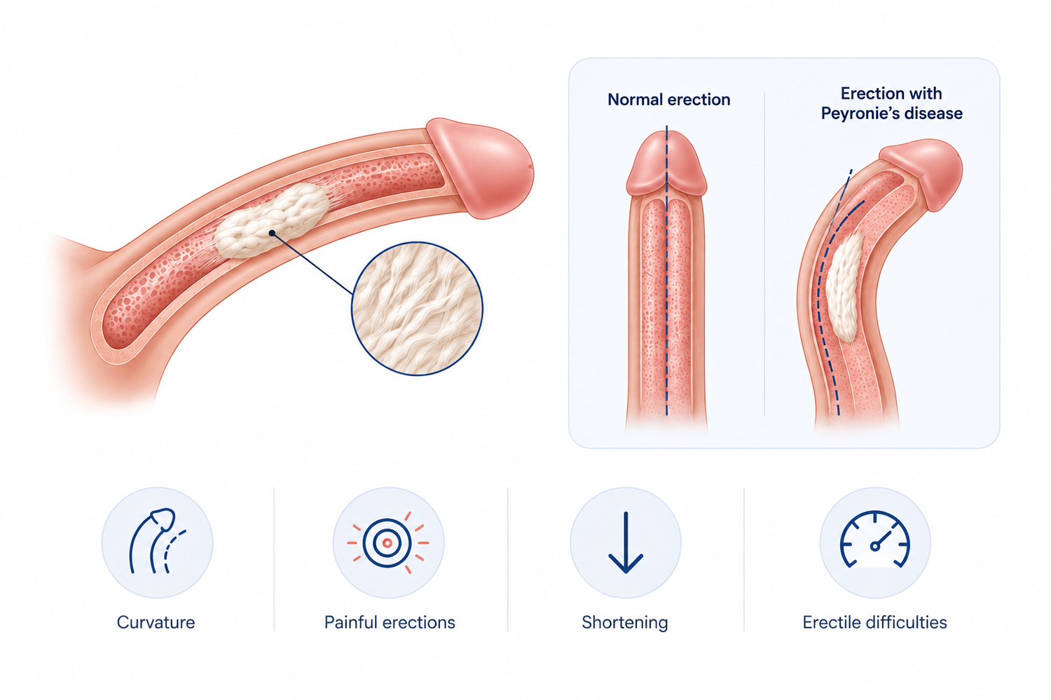 Medical illustration explaining Peyronie's disease and penile curvature