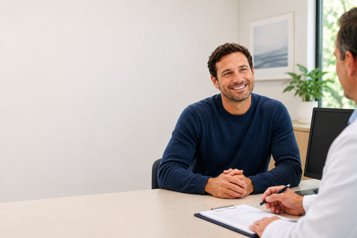 Patient discussing Peyronie's disease deformity during a specialist consultation