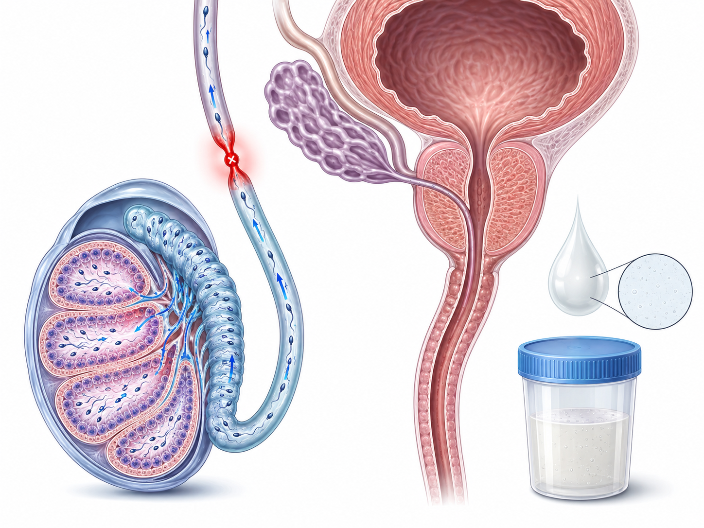 Illustration explaining obstructive azoospermia and blockage of the sperm pathway