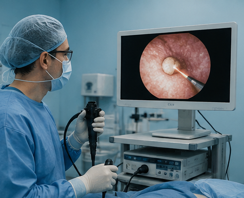 Educational illustration of ureteroscopy and laser stone treatment