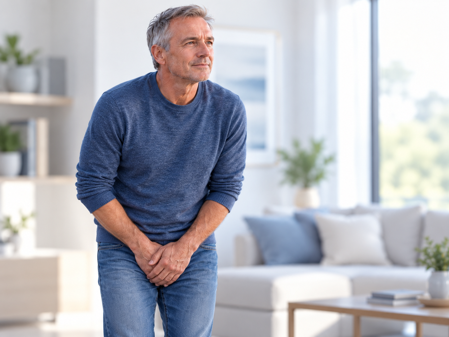 Man experiencing urinary leakage symptoms after prostatectomy