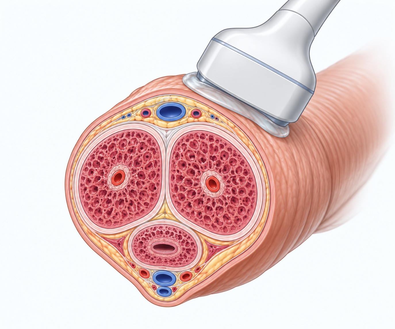 Medical illustration of penile anatomy during ultrasound assessment