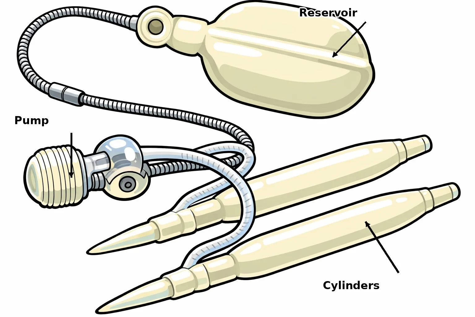 Diagram of a hypodermic needle showing components: reservoir, pump, and cylinders.