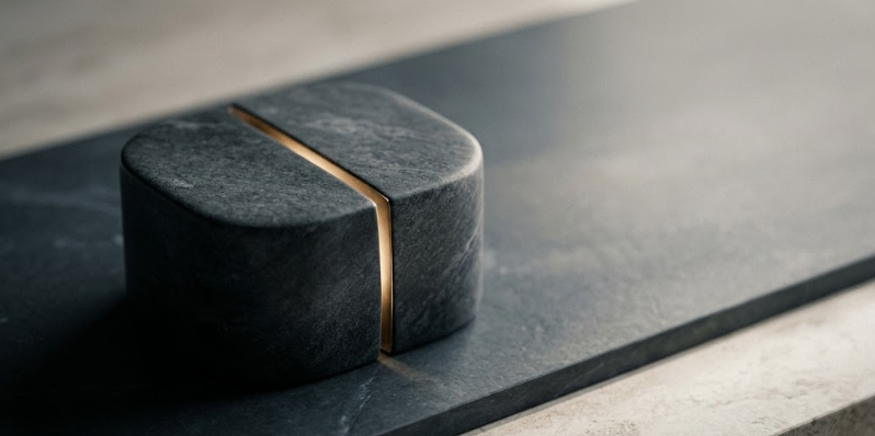 A charcoal stone block split into two offset halves by a glowing brass seam, representing two ways of valuing the same business.