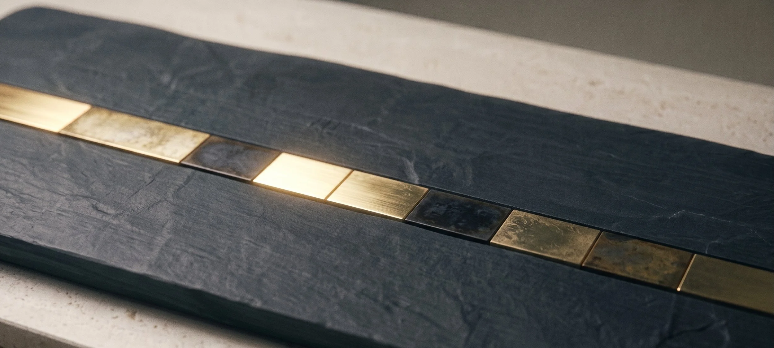 A single brass bar inlaid in dark slate, made of many segments of unequal quality, some polished and bright, others tarnished or nearly dark, representing one inventory value composed of very different kinds of stock.