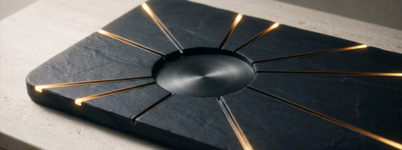A dark stone slab inlaid with brass channels that glow at the outer edges and fade toward a depleted center, representing one pool of capital drawn down by many competing claims.