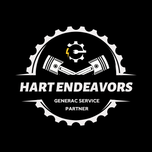 Logo for Hart Endeavors featuring a gear with a lightning bolt and euro symbol, two pistons, and text indicating it is a Generac service partner.