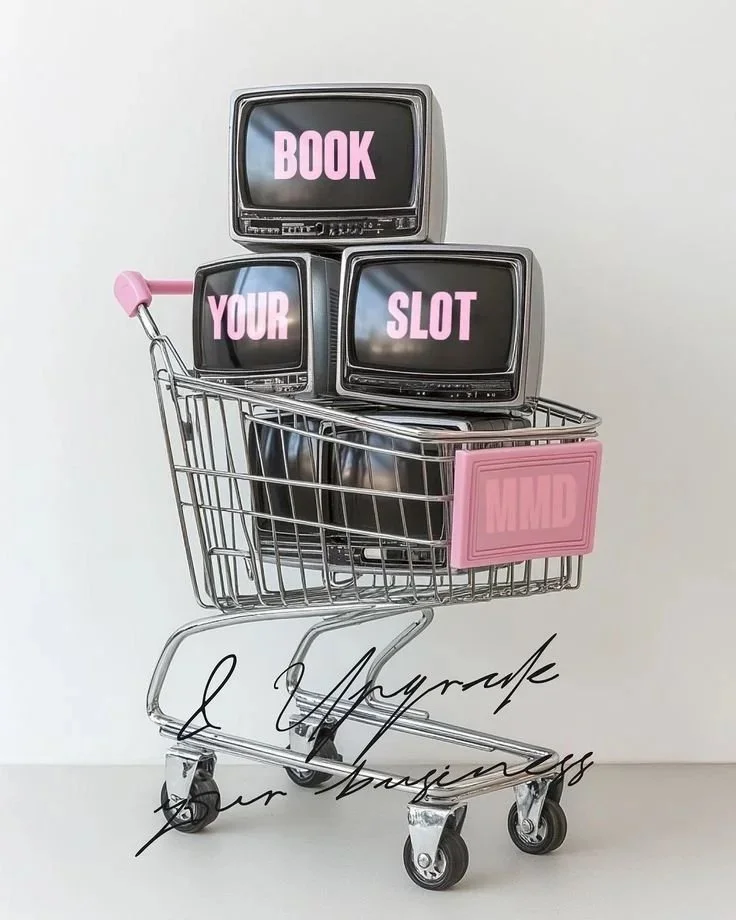 A miniature shopping cart holding three small vintage televisions showing the words 'BOOK YOUR SLOT' and a pink sign with 'MMD' on it, with a signature overlay reading 'L. Meyer' and 'Your Business'.