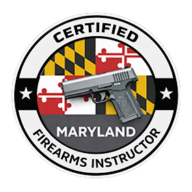 Maryland Certified Firearms Instructor badge with the Maryland flag, black, white, and gray colors, and a graphic of a handgun in the center.