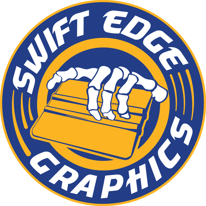 Circular logo for Swift Edge Graphics, featuring a skeletal hand holding a squeegee, with the company name in bold white letters around the edge on a dark blue background with gold accents.