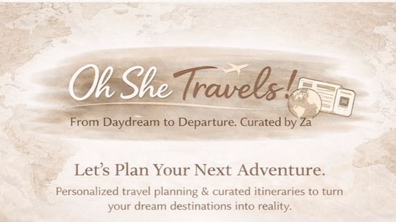 Travel blog or website header titled "Oh She Travels!" with a globe, airplane, and travel-related icons, promoting personalized travel planning and curated itineraries.