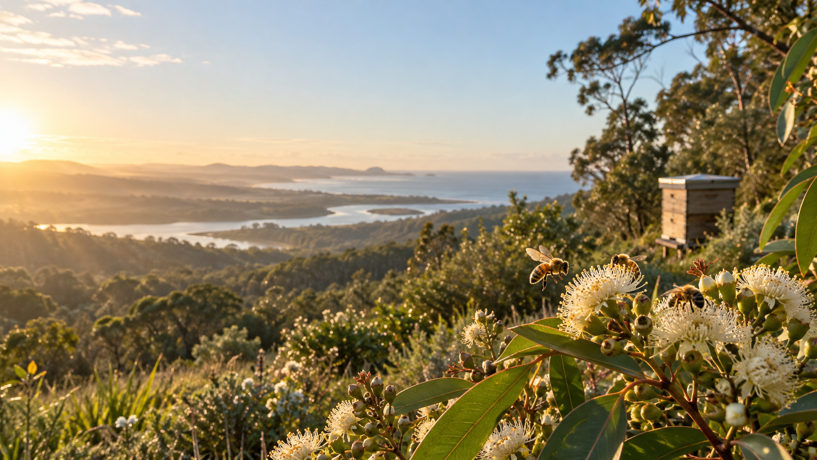 Honeybees foraging on native eucalyptus blossoms above the Northern Rivers coast at sunrise.