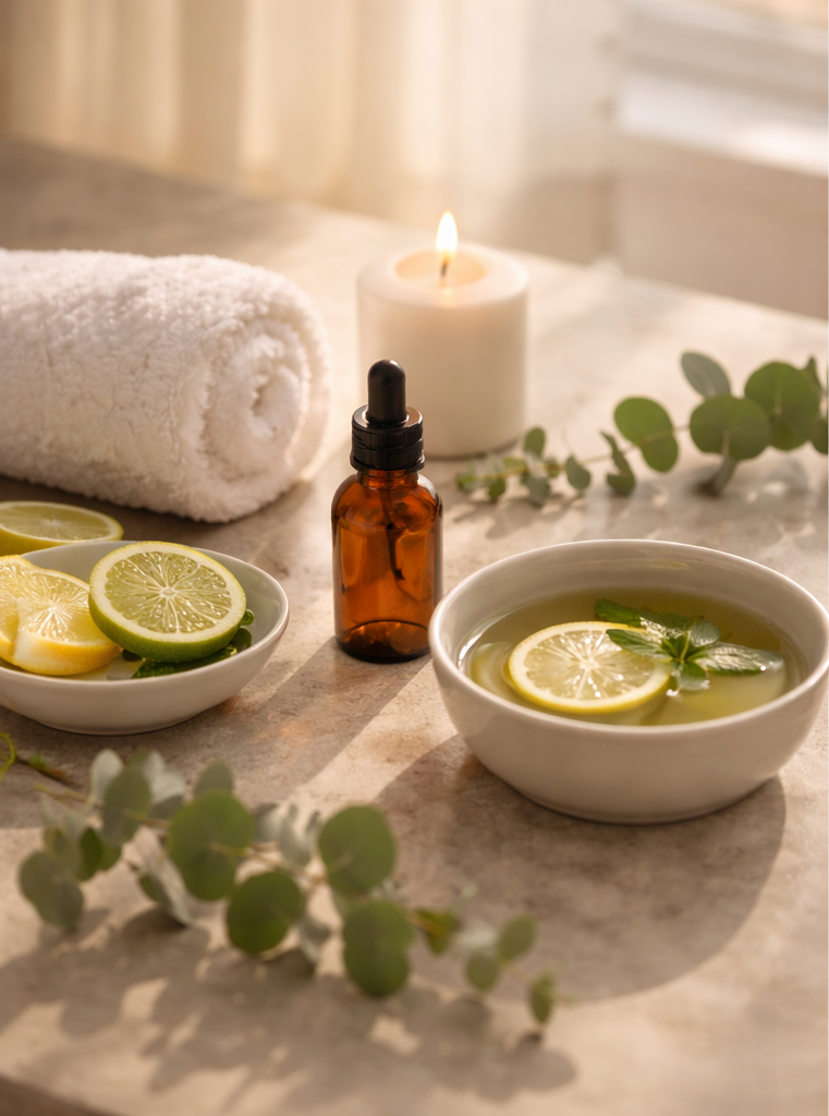 A spa setting with a rolled white towel, a lit white candle, an amber essential oil bottle with a dropper, a bowl of lemon and lime slices, a bowl of lemon-infused water with mint leaves, and eucalyptus branches on a light-colored surface.