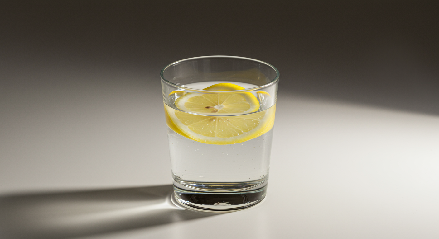 A glass of water with lemon slices on a white surface, with light and shadow creating a contrast.