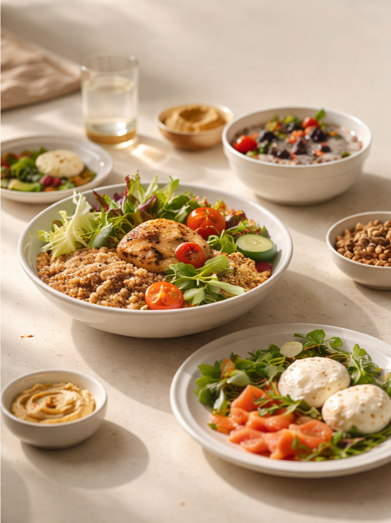 A variety of Mediterranean dishes on a table, including a salad with grilled chicken, cherry tomatoes, cucumbers, and greens; a bowl of poached eggs with greens and salmon; a bowl of hummus; a bowl of lentils; a bowl of berry yogurt; a small bowl of peanuts; a glass of water; and a small dish of hummus dip.