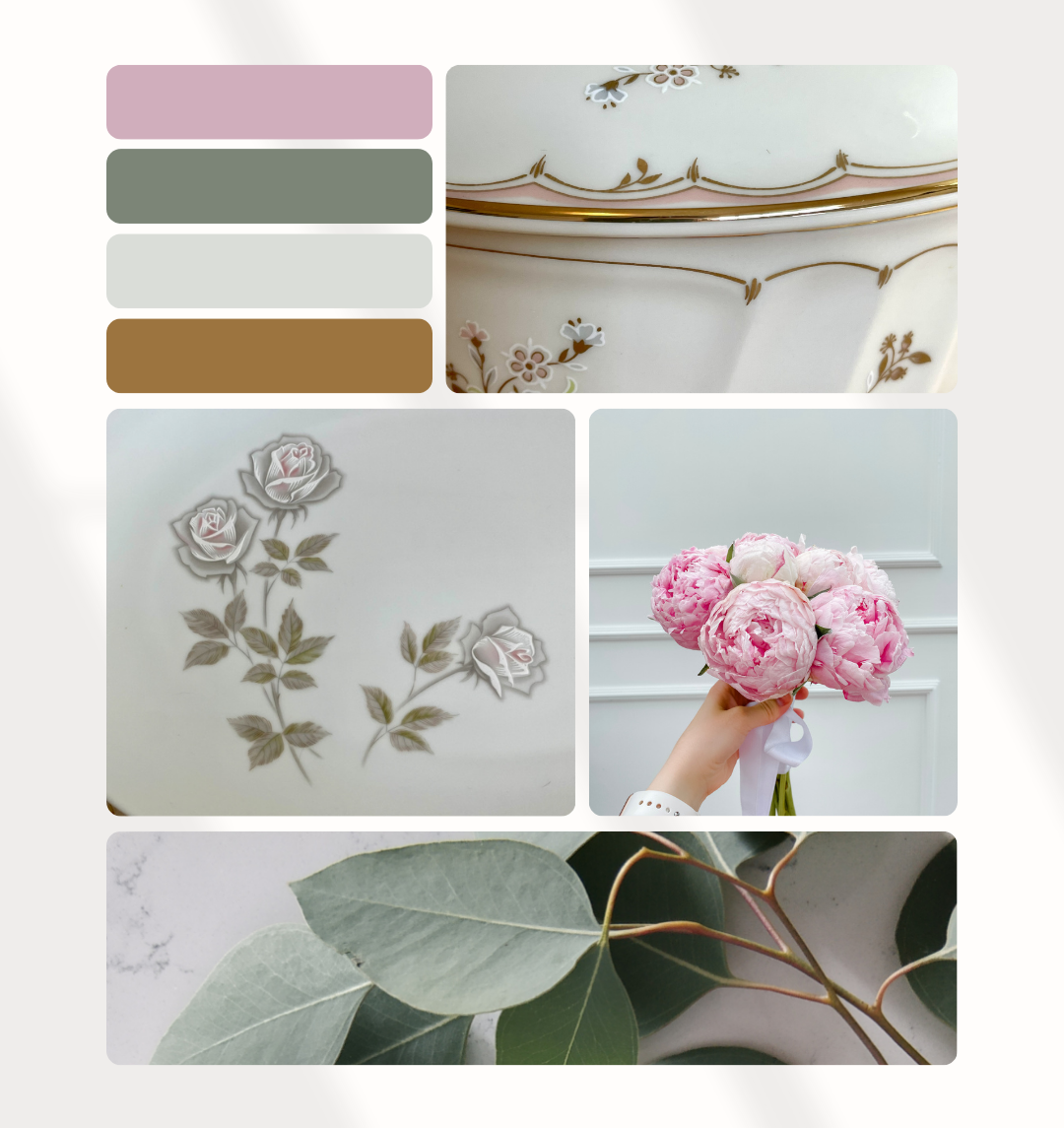 A pink, green, and gold color palette shown across vintage china, garden roses, and eucalyptus, illustrating a shared color story for a mismatched collection.