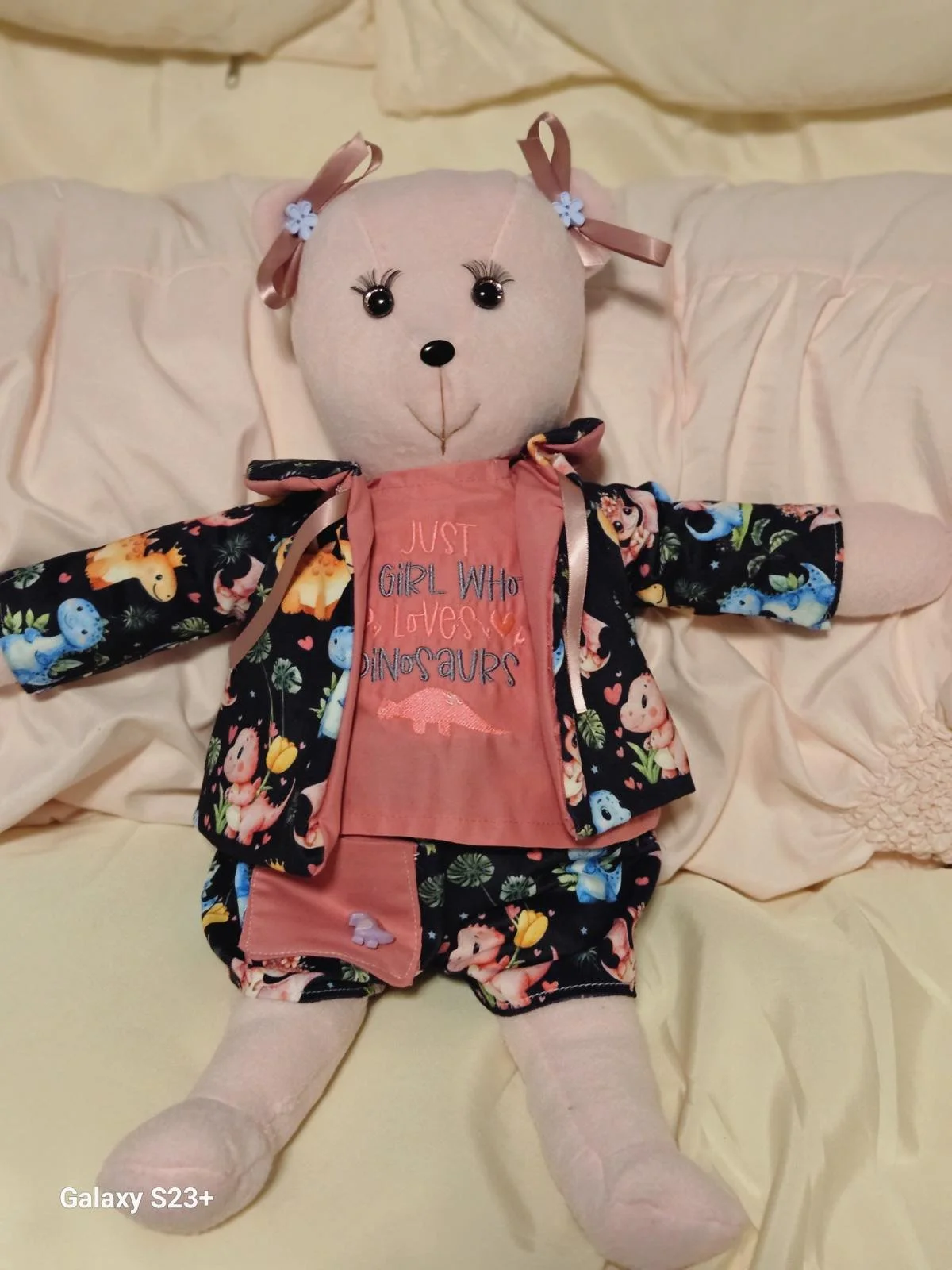 Pink Girl Bear w/ Dinosaurs Print & Embroidered shirt