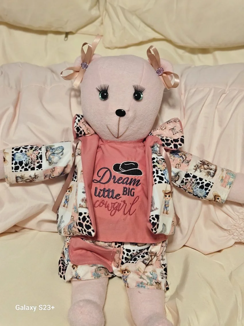 Pink Girl Bear with Lil Cowgirl Print w/ Embroidered Shirt (Dream Big Little Cowgirl)