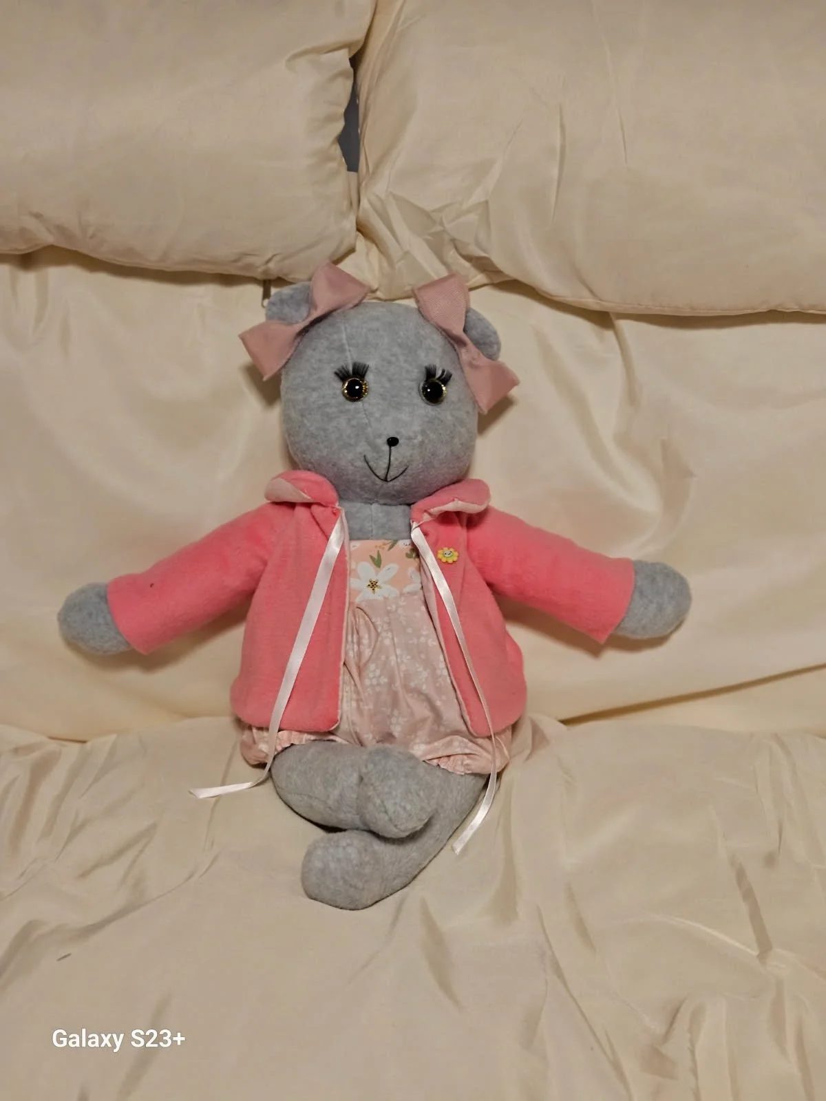 Gray Girl Bear w/ Pink Flower Print