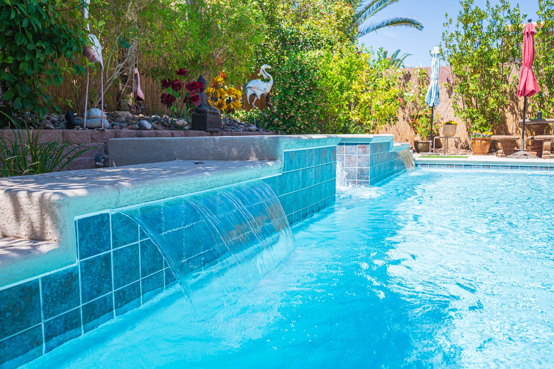 Cascading waterfall feature at the pool