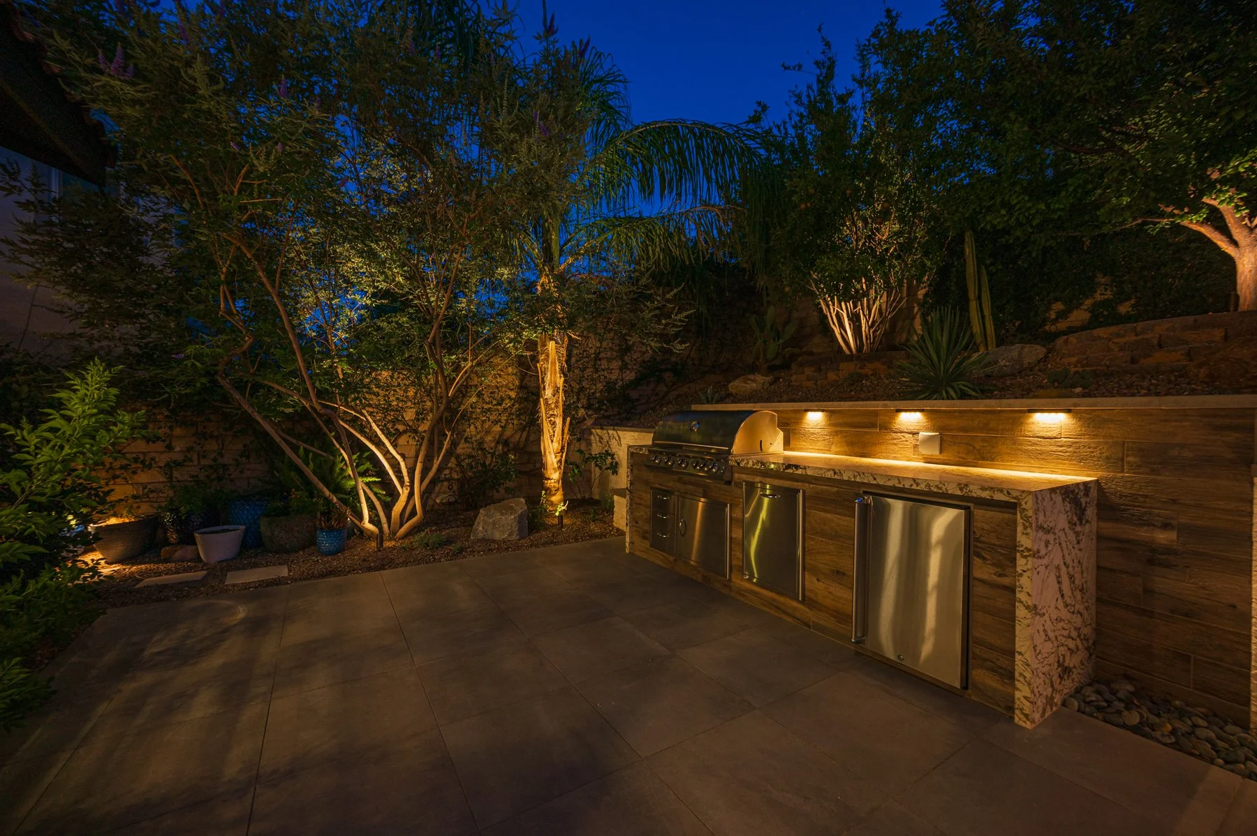 Backyard oasis at dusk
